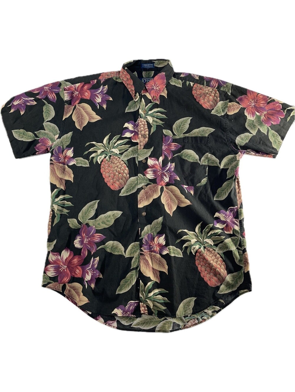 Vintage Chaps Ralph Lauren Shirt Men Sz L Floral Hawaiian Short Sleeve Button UP